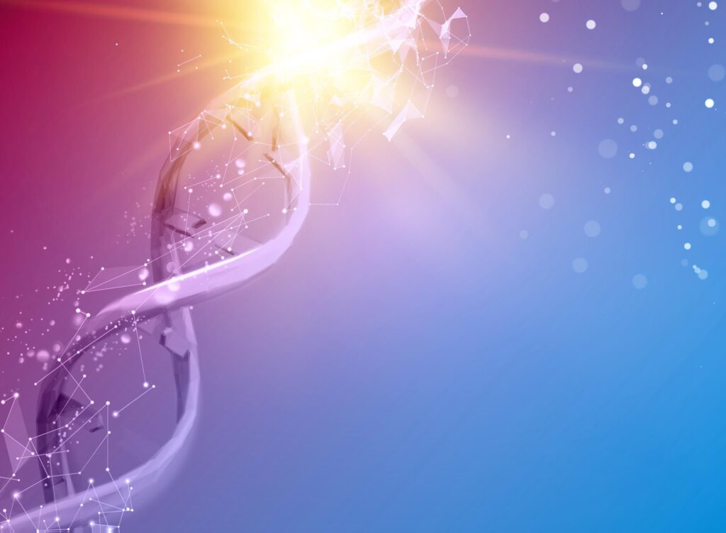 Abstrakte Darstellung einer DNA-Helix in einem bunten, futuristischen Hintergrund.