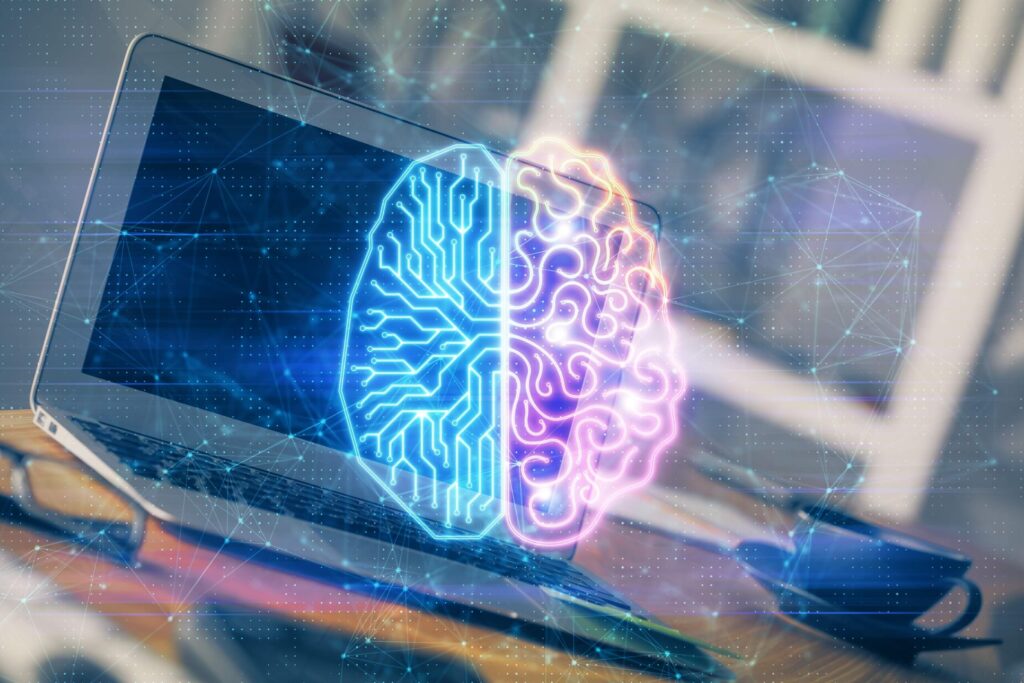 Laptop mit digitalem Gehirn-Hologramm, symbolisiert Neurologie und moderne Technologie.
